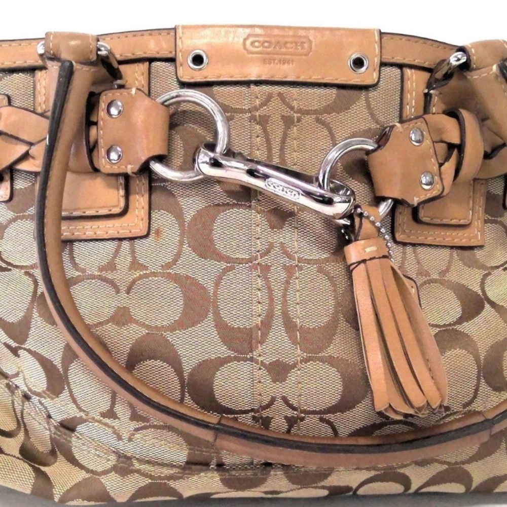 Coach Tan Shoulder Bag with Signature Pattern and Brown Leather Accents